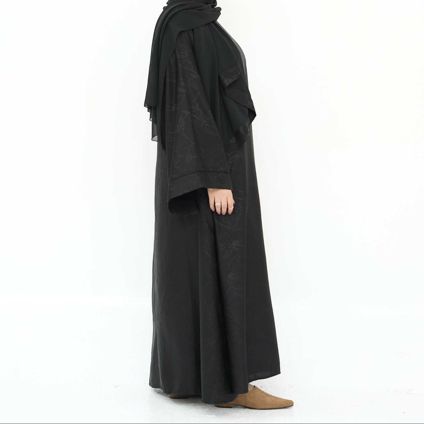 Woman wearing a black abaya and hijab on a white background