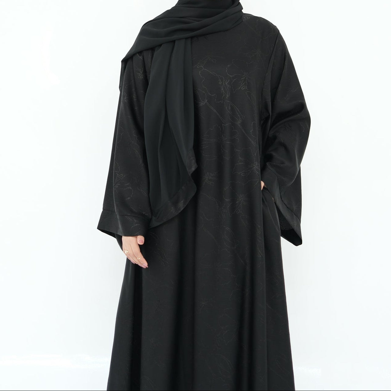 Woman wearing a black abaya and hijab on a white background