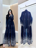 Midnight Blue Pleated Printed Stretchable Abaya