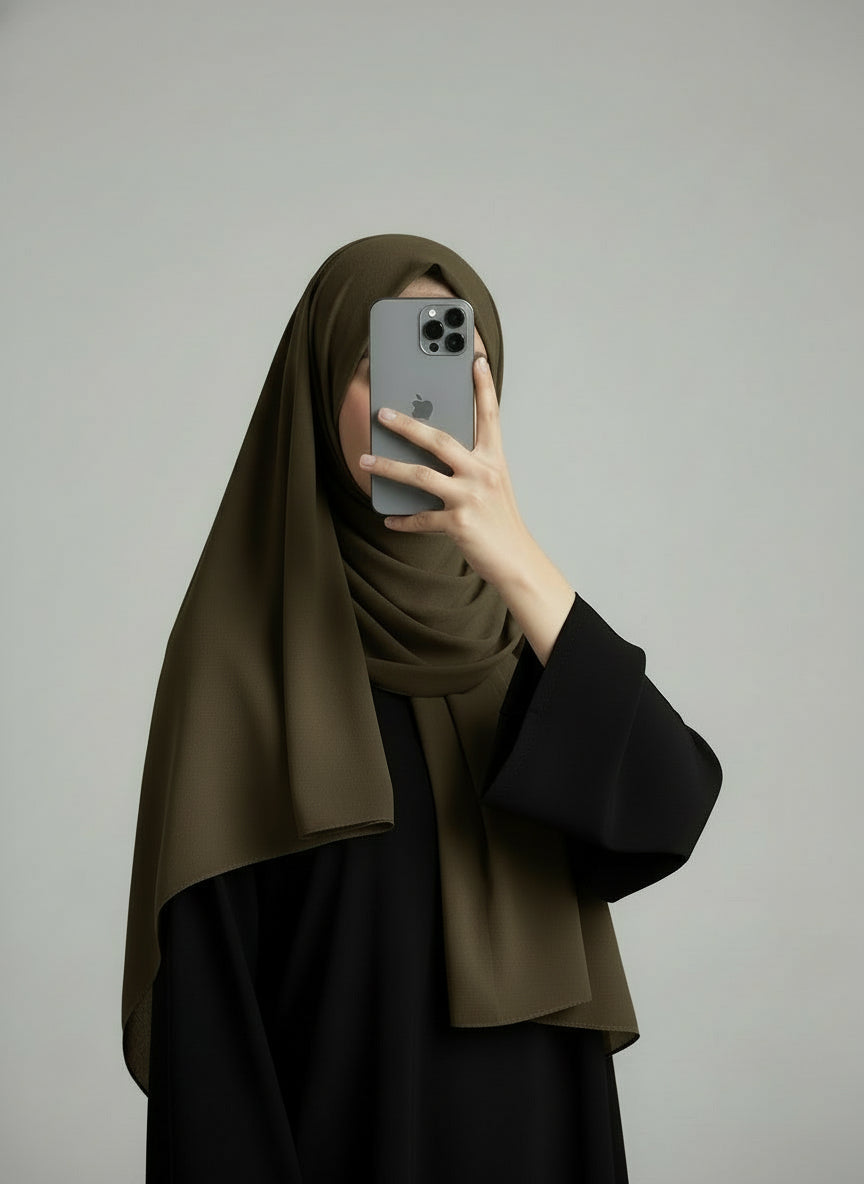 Person wearing a brown hijab and black outfit holding a phone on a plain background. Olive Green_Chiffon_Hijab Noor & Grace