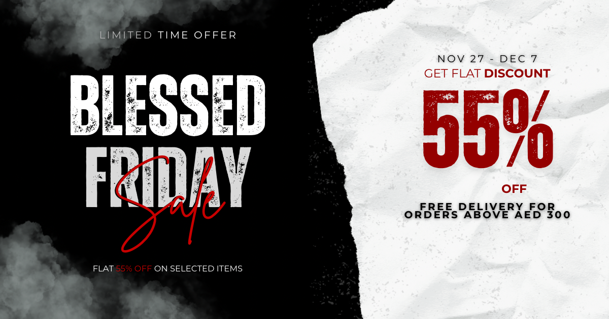 Promotional banner for 'Blessed Friday Sale' with a discount offer on a black and white background. Shop Noor Grace’s Black Friday Sale and enjoy exclusive discounts on premium abayas. Limited-time offers, elegant styles, and unbeatable savings across the UAE.