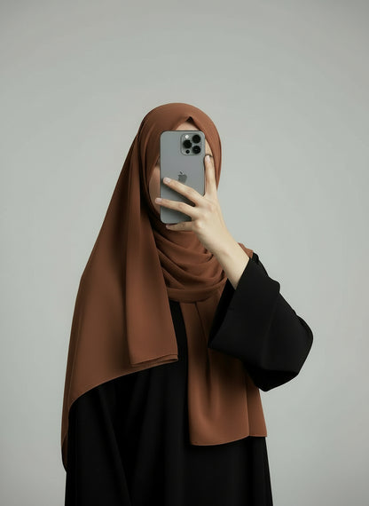 Person wearing a spicy mix hijab and black clothing, holding a phone against a plain background. Spice_Chiffon_Hijab Noor & Grace