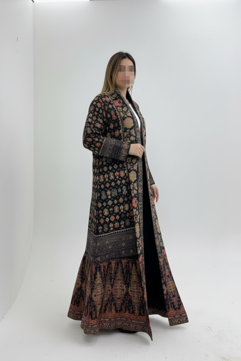Shop trending stretchable fabric abayas available in many elegant colors. Soft, flexible, and comfortable abayas perfect for everyday wear, work, and travel. Long, patterned coat worn by a person on a white background