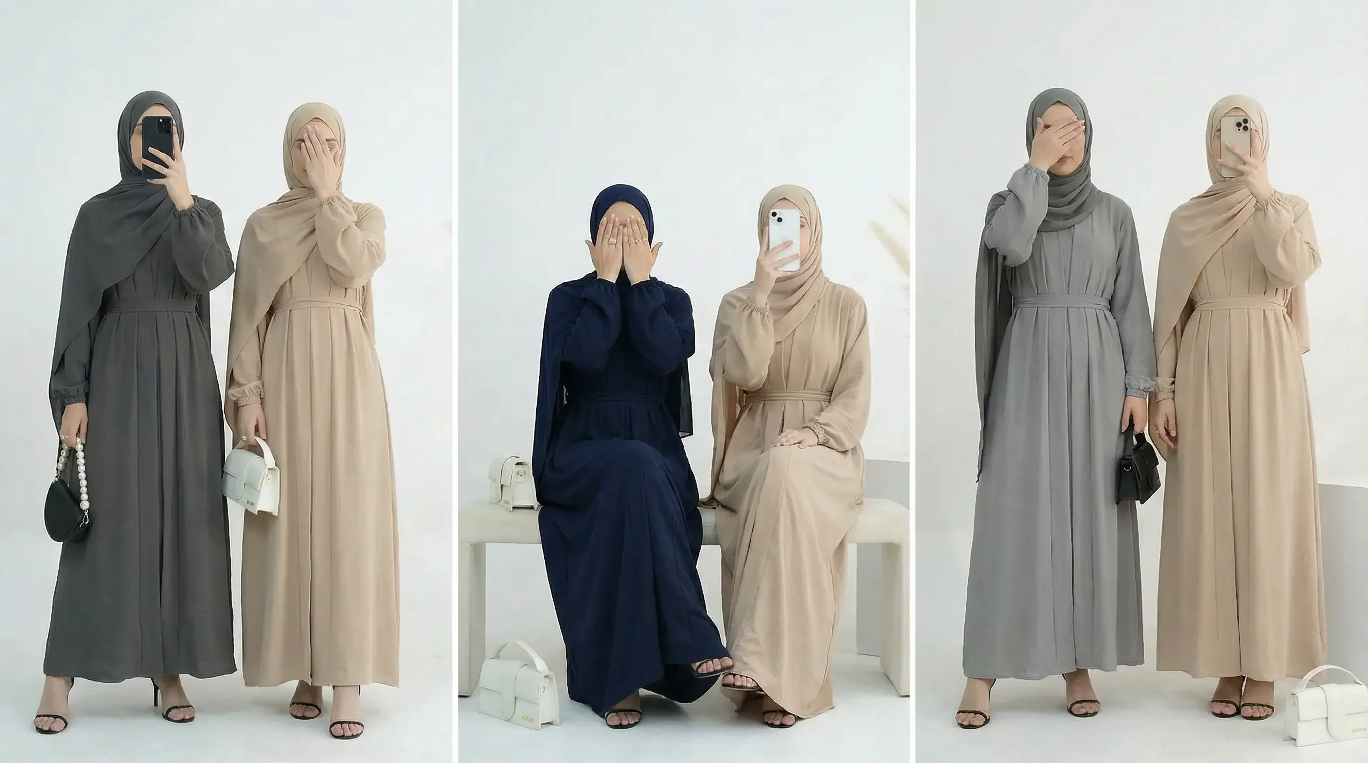 Comfortable, modest, and breathable Umrah & Hajj abayas and hijabs, designed for all-day ease in warm climates with simple, elegant styles.