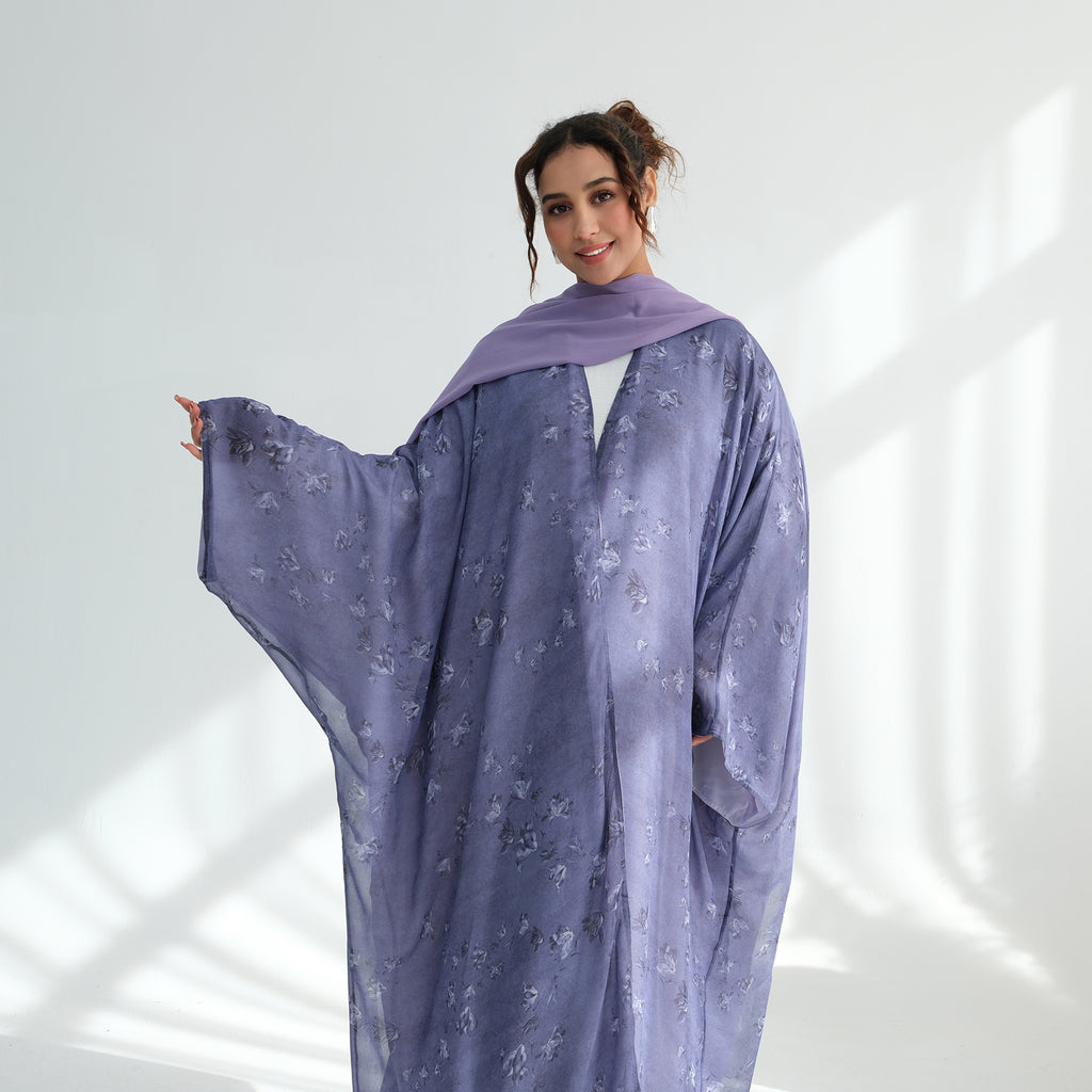 Printed Purple Flower Chiffon Abaya