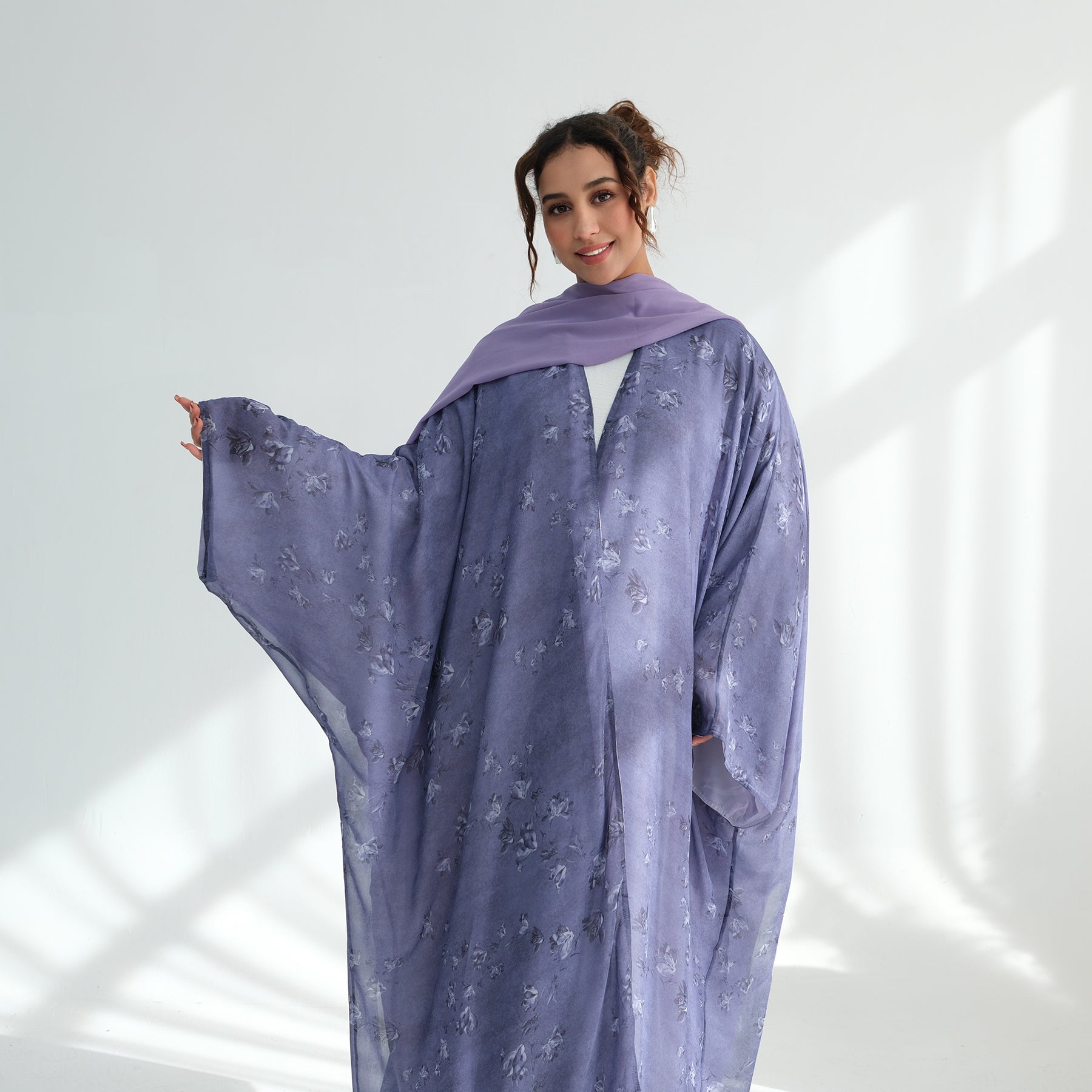 Printed Purple Flower Chiffon Abaya