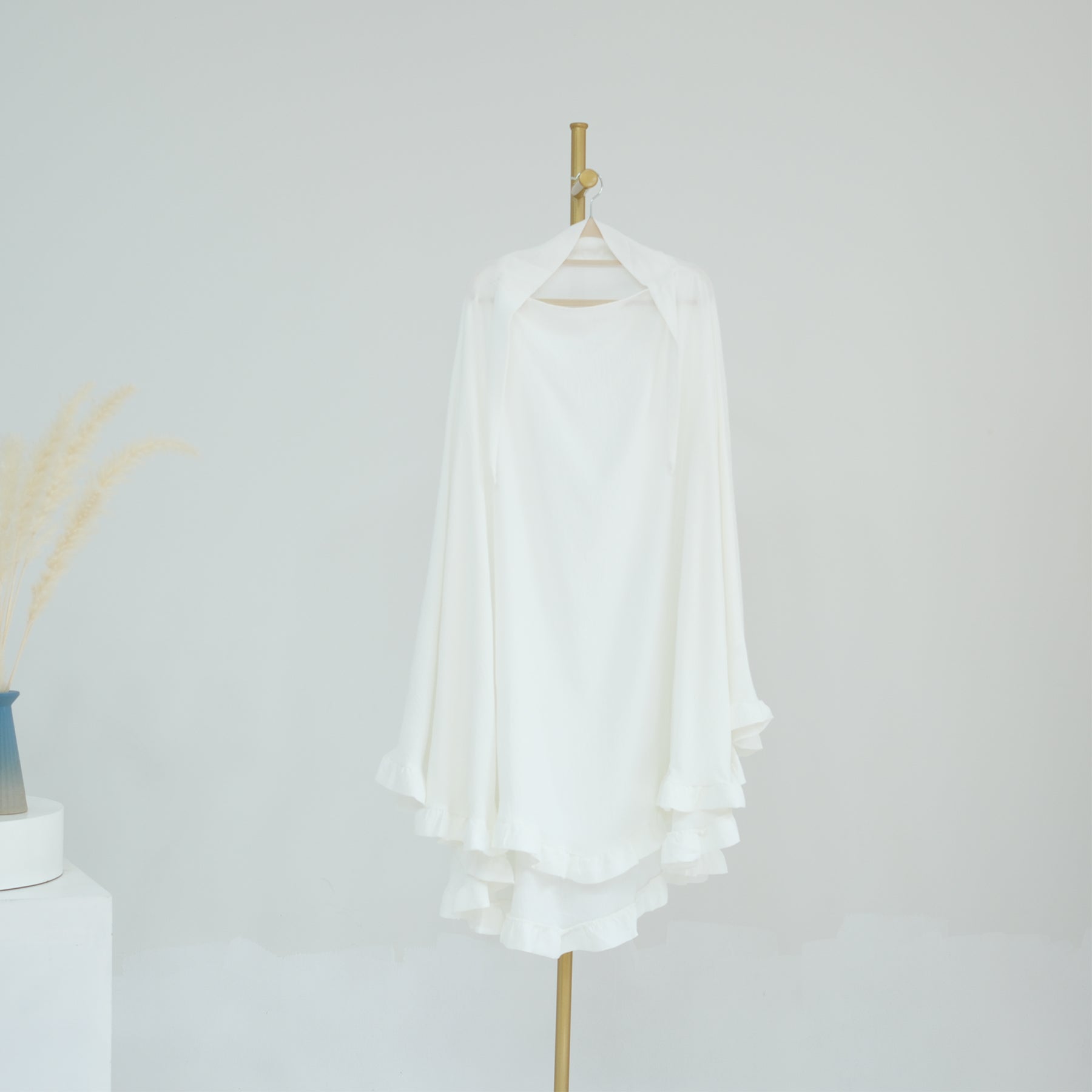 White Wrinkle Crepe Ruffle Khimar - Noor & Grace