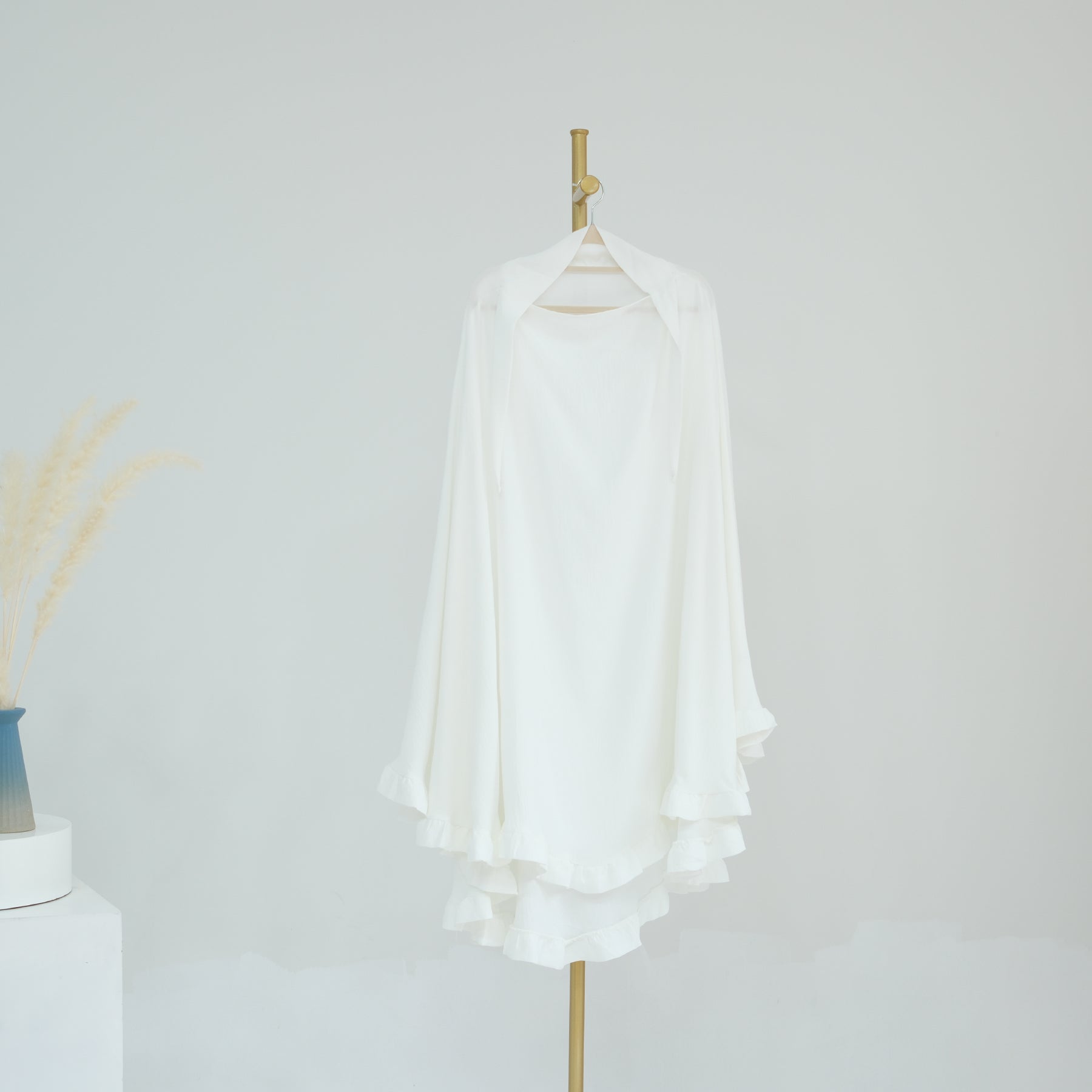 White Wrinkle Crepe Ruffle Khimar - Noor & Grace