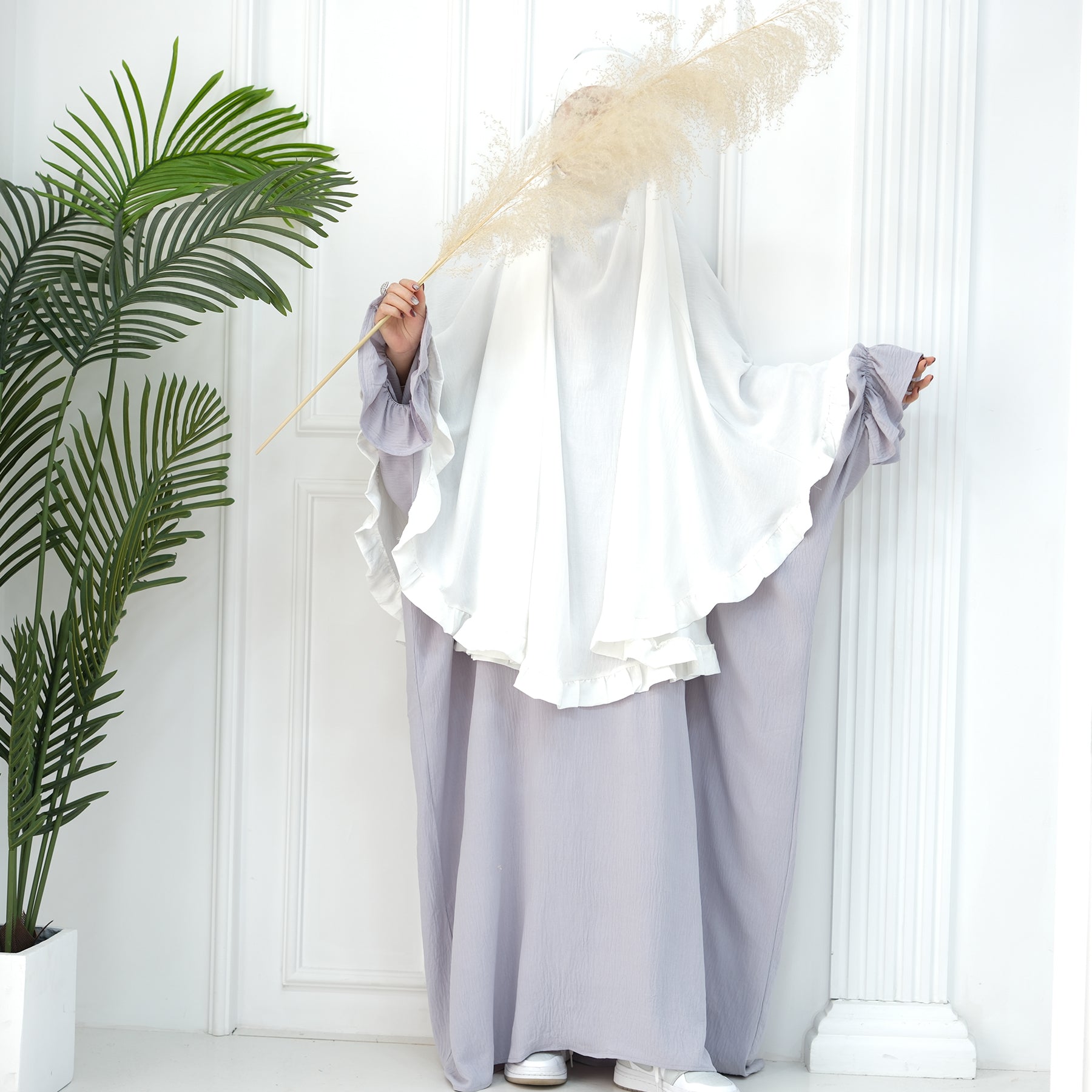 White Wrinkle Crepe Ruffle Khimar - Noor & Grace
