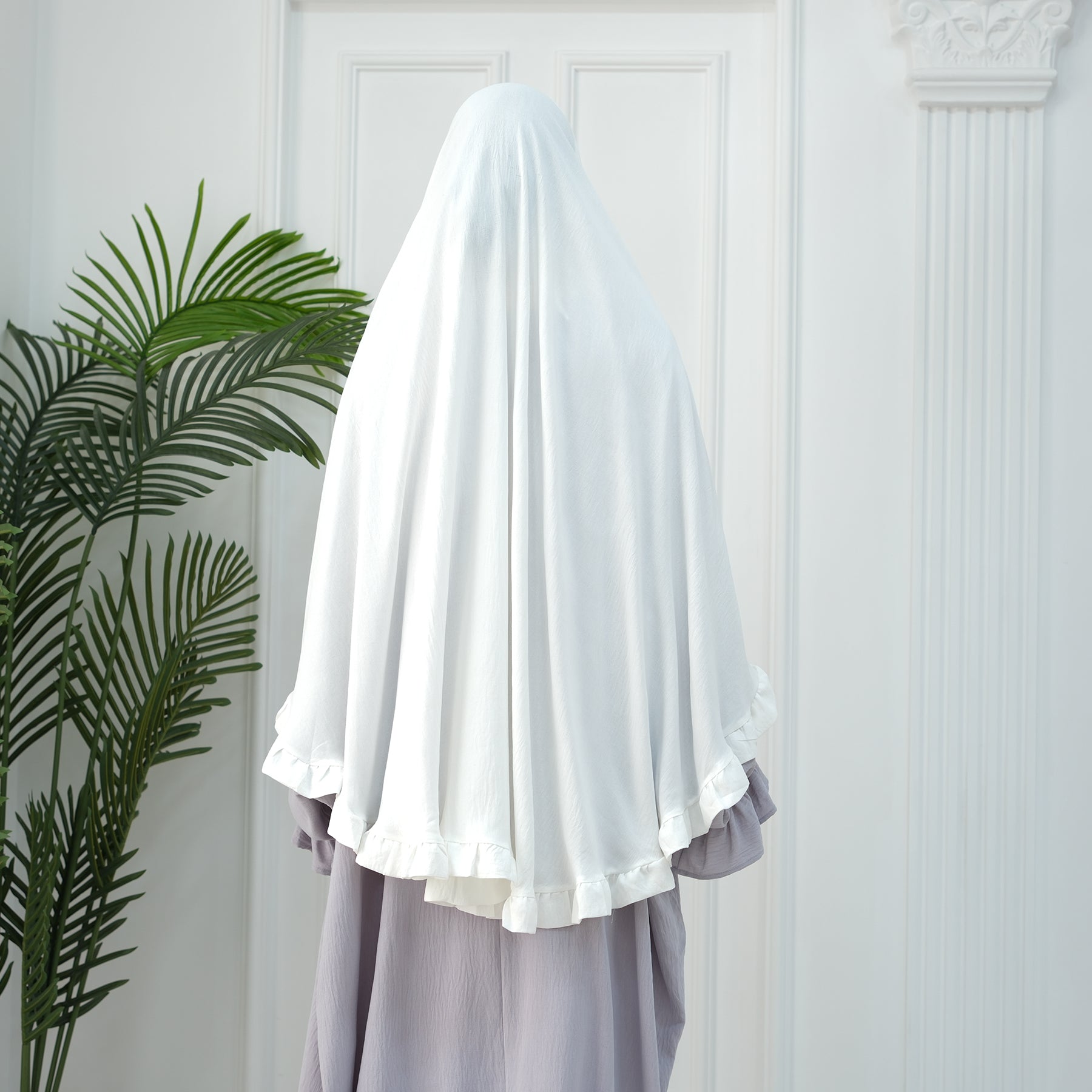 White Wrinkle Crepe Ruffle Khimar - Noor & Grace
