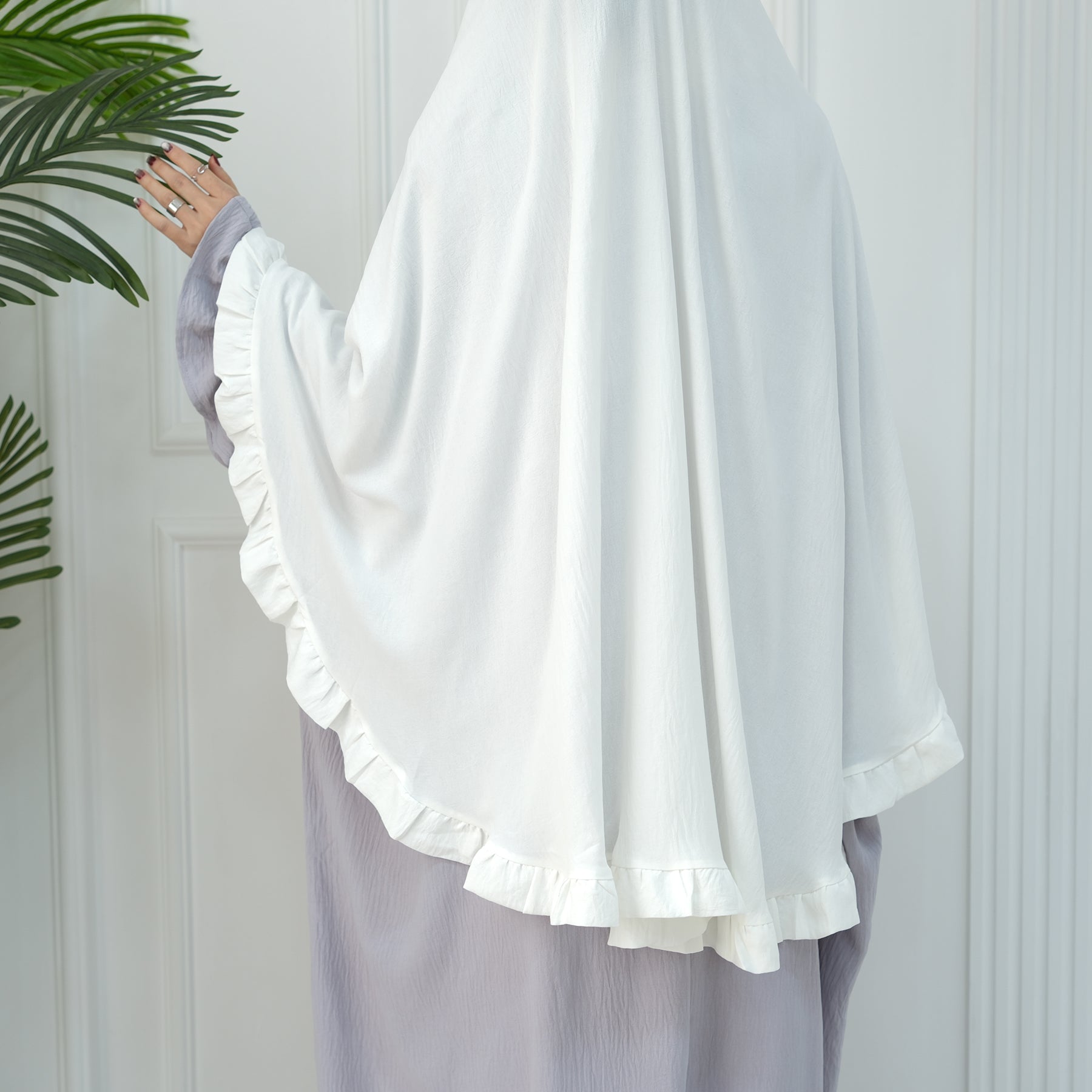 White Wrinkle Crepe Ruffle Khimar - Noor & Grace