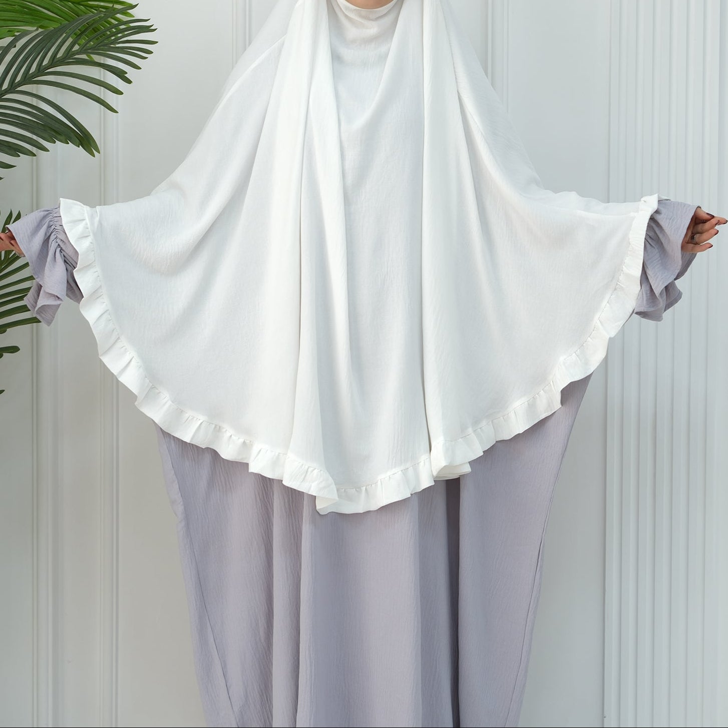 White Wrinkle Crepe Ruffle Khimar - Noor & Grace