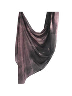 A lightweight, semi-sheer scarf with a mottled tie-dye pattern in dusty purple and charcoal gray, draped against a plain white background.