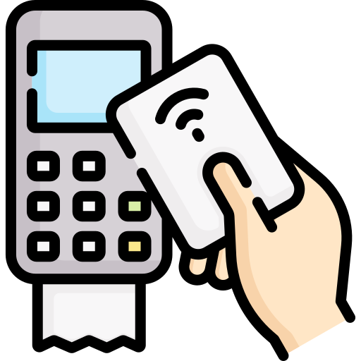 A stylized illustration of a hand holding a white card near a gray payment terminal, with a receipt hanging from the terminal on a black background, showing Noor & Grace payment methods 