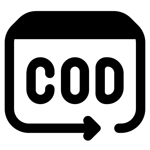 A black vector icon of a rounded rectangular card or screen with the letters 'COD' and a curved arrow, on a solid white background, showing Noor & Grace payment methods 