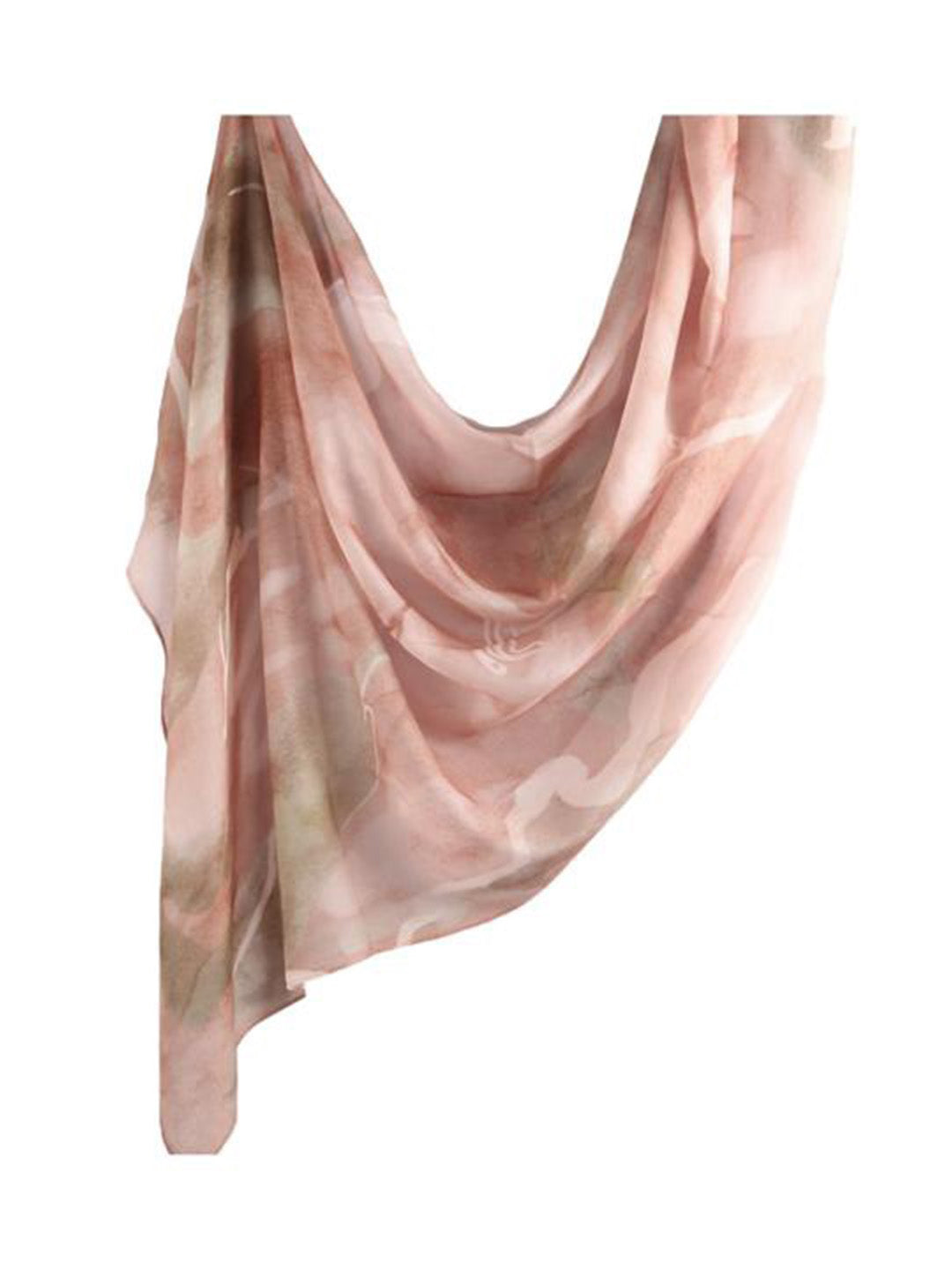 A lightweight, semi-sheer scarf with a watercolor-style abstract pattern in dusty pink, beige, and soft brown tones, draped against a solid white background.