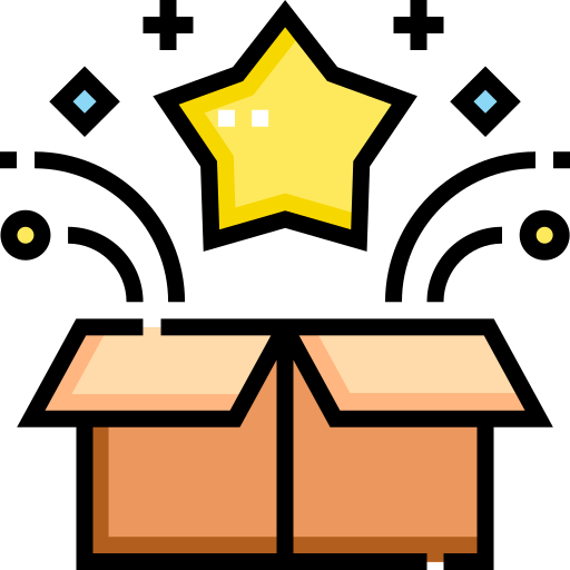 A flat vector icon of an open cardboard box with a large yellow star and small decorative shapes above it, on a white background.