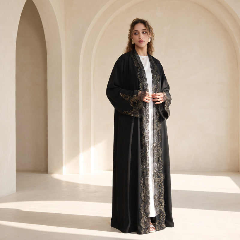 dubai-lace-trim-wide-sleeves-open-front-abaya-nida-black-golden-noor-and-grace