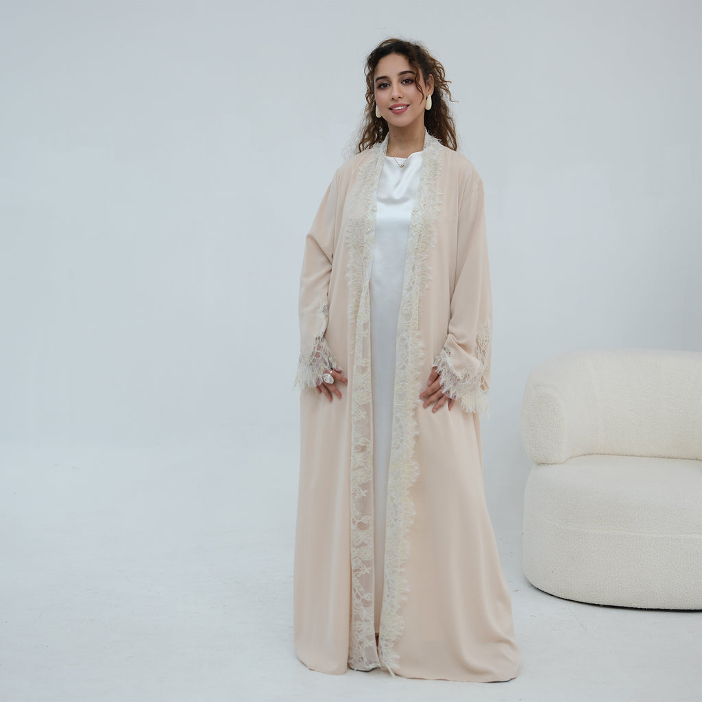 Dubai Lace Trim Wide Sleeves Open Front Abaya