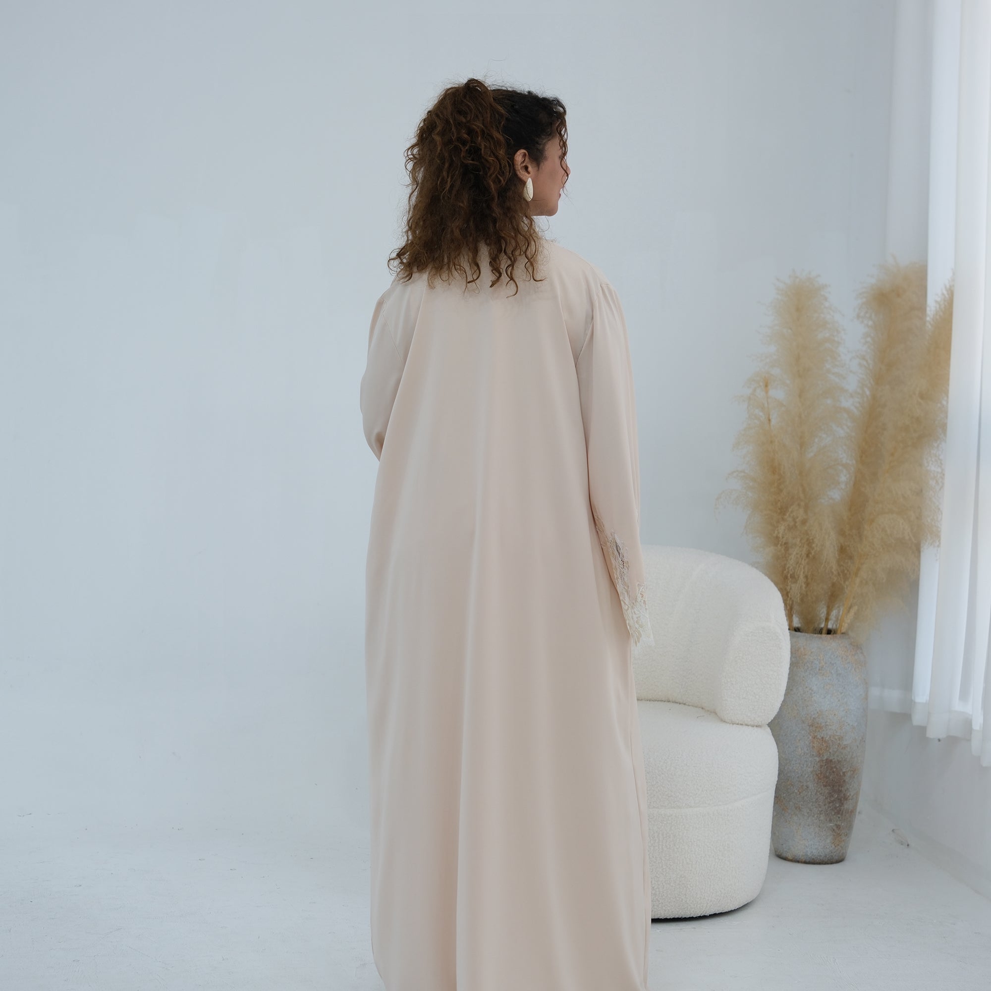 Dubai Lace Trim Wide Sleeves Open Front Abaya