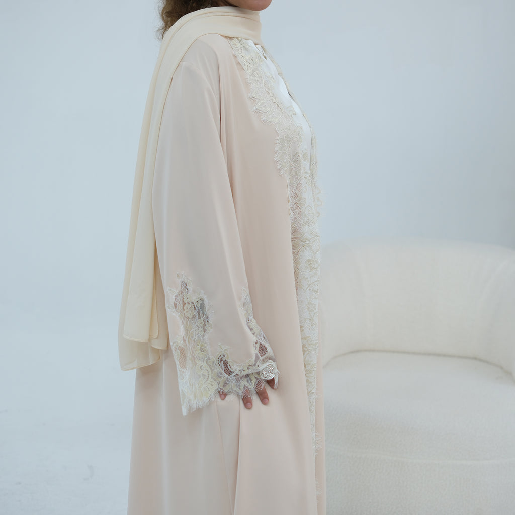 Dubai Lace Trim Wide Sleeves Open Front Abaya