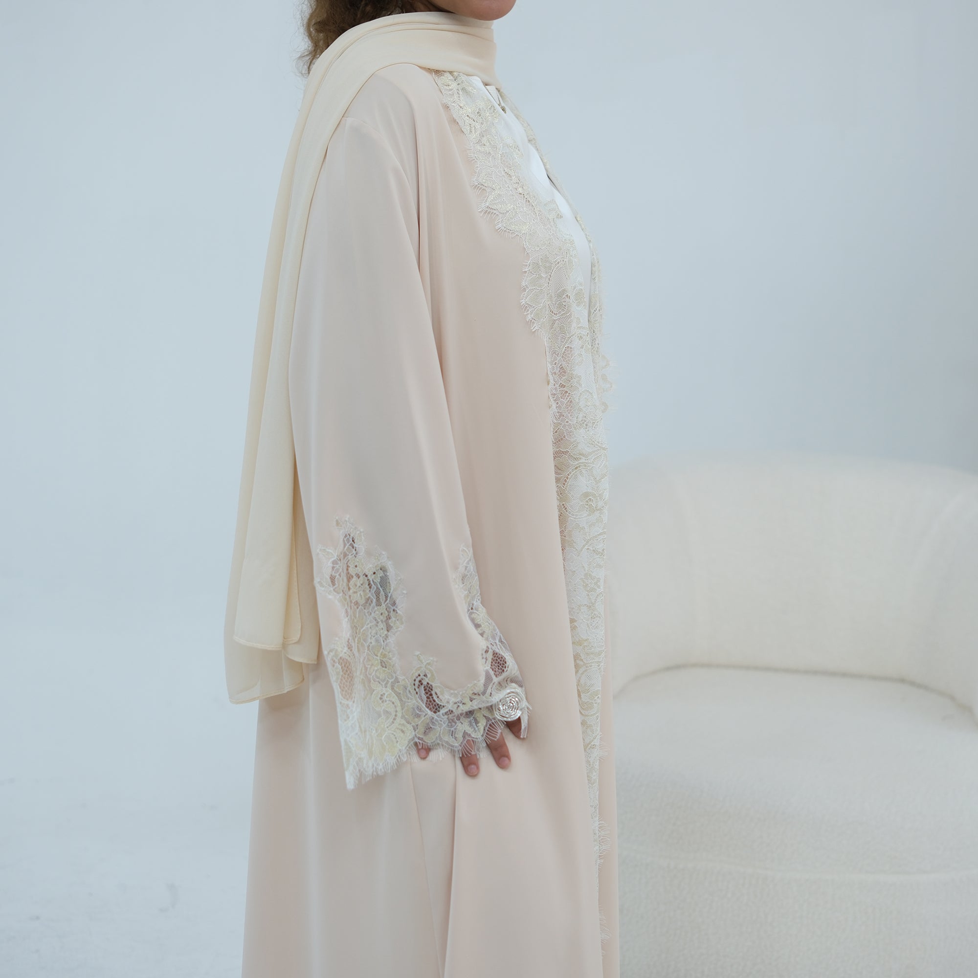 Dubai Lace Trim Wide Sleeves Open Front Abaya
