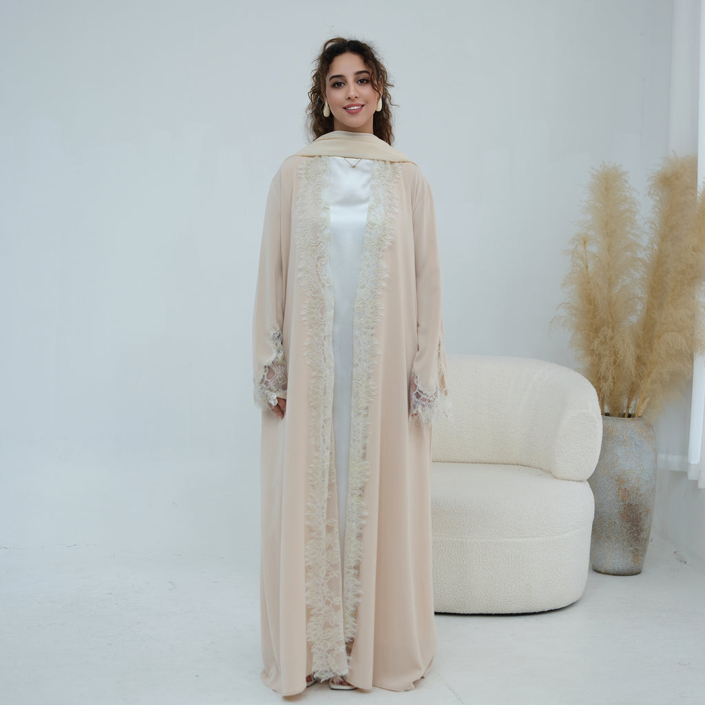 Dubai Lace Trim Wide Sleeves Open Front Abaya