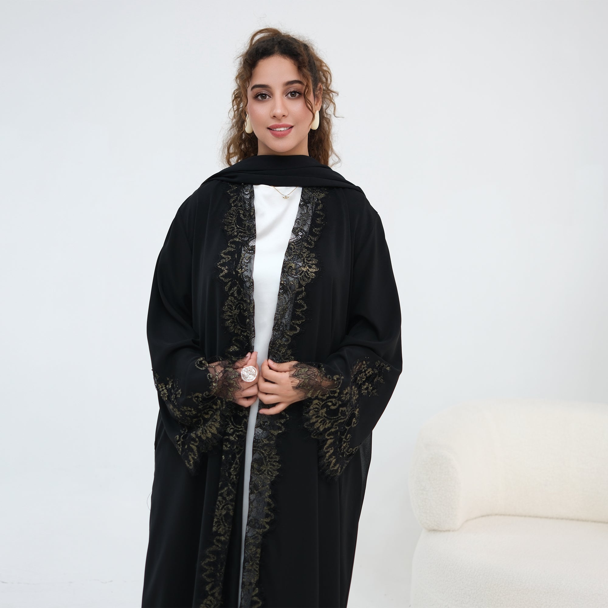 Dubai Lace Trim Wide Sleeves Open Front Abaya