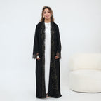 Dubai Lace Trim Wide Sleeves Open Front Abaya