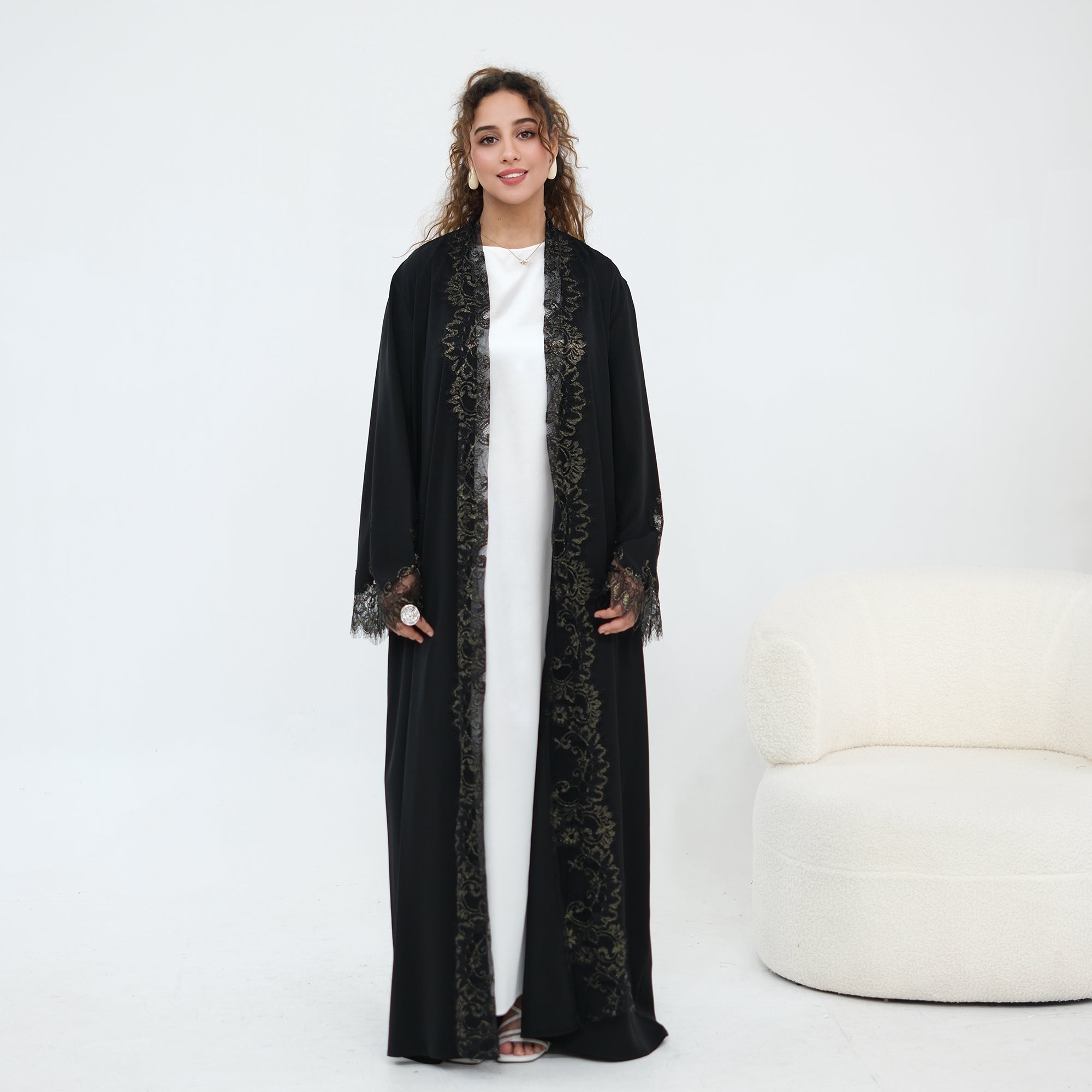 Dubai Lace Trim Wide Sleeves Open Front Abaya
