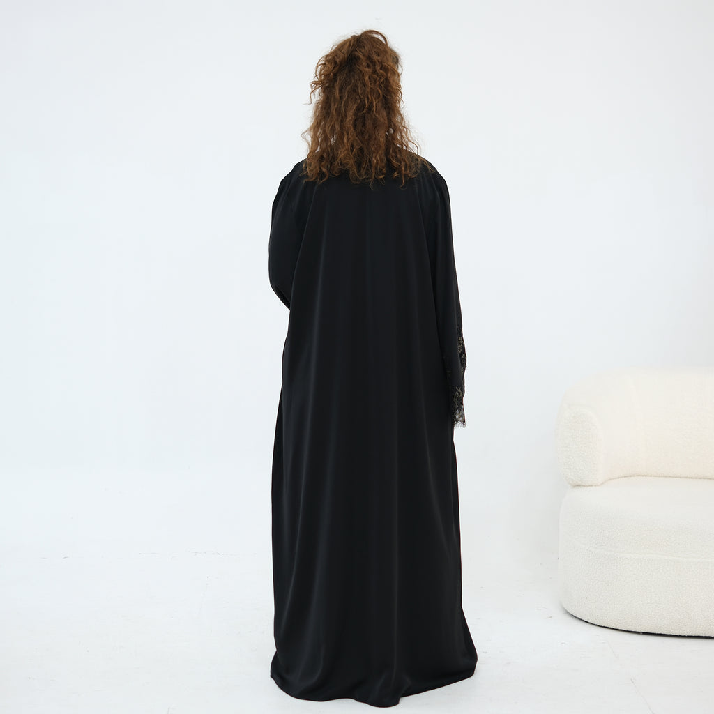 Dubai Lace Trim Wide Sleeves Open Front Abaya