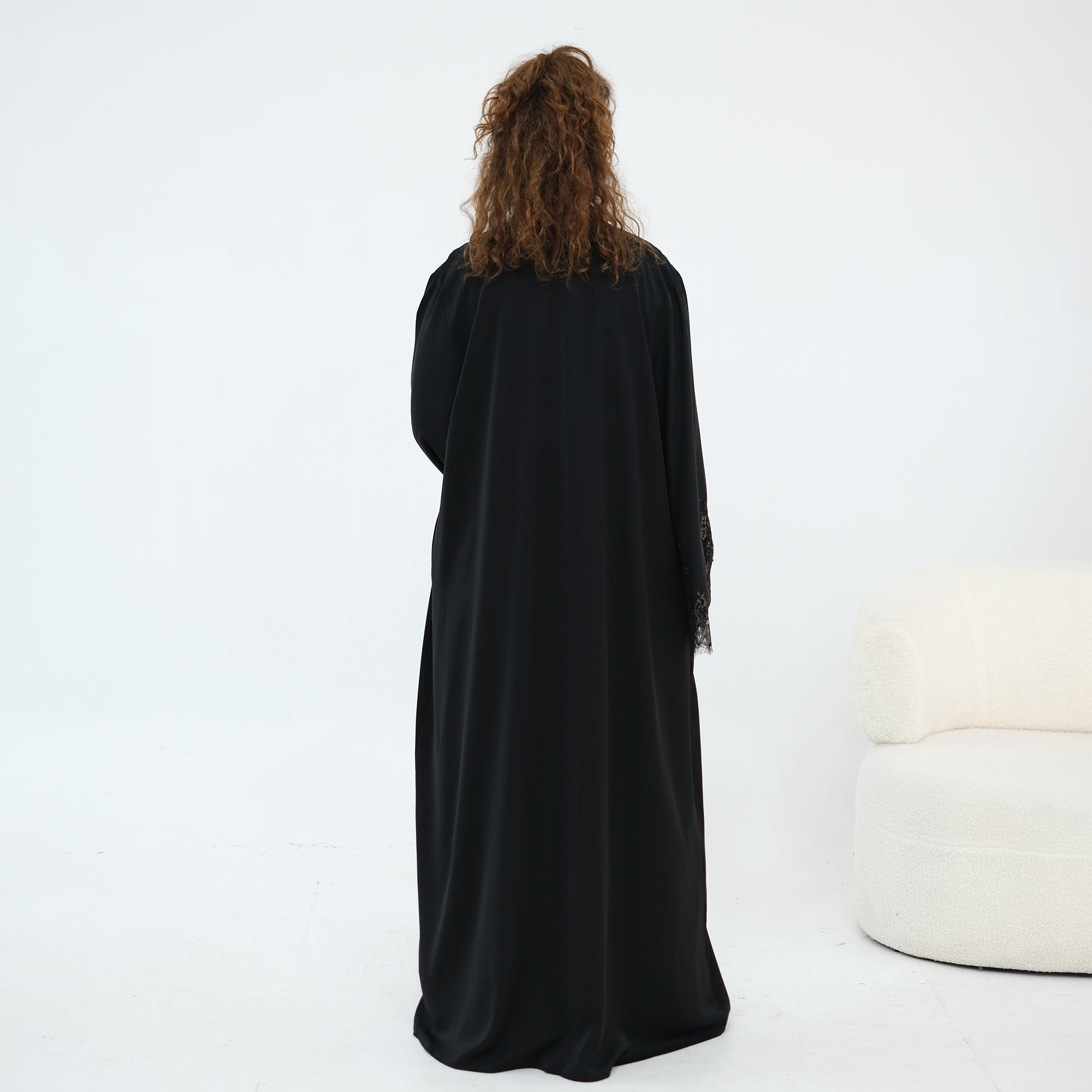 Dubai Lace Trim Wide Sleeves Open Front Abaya