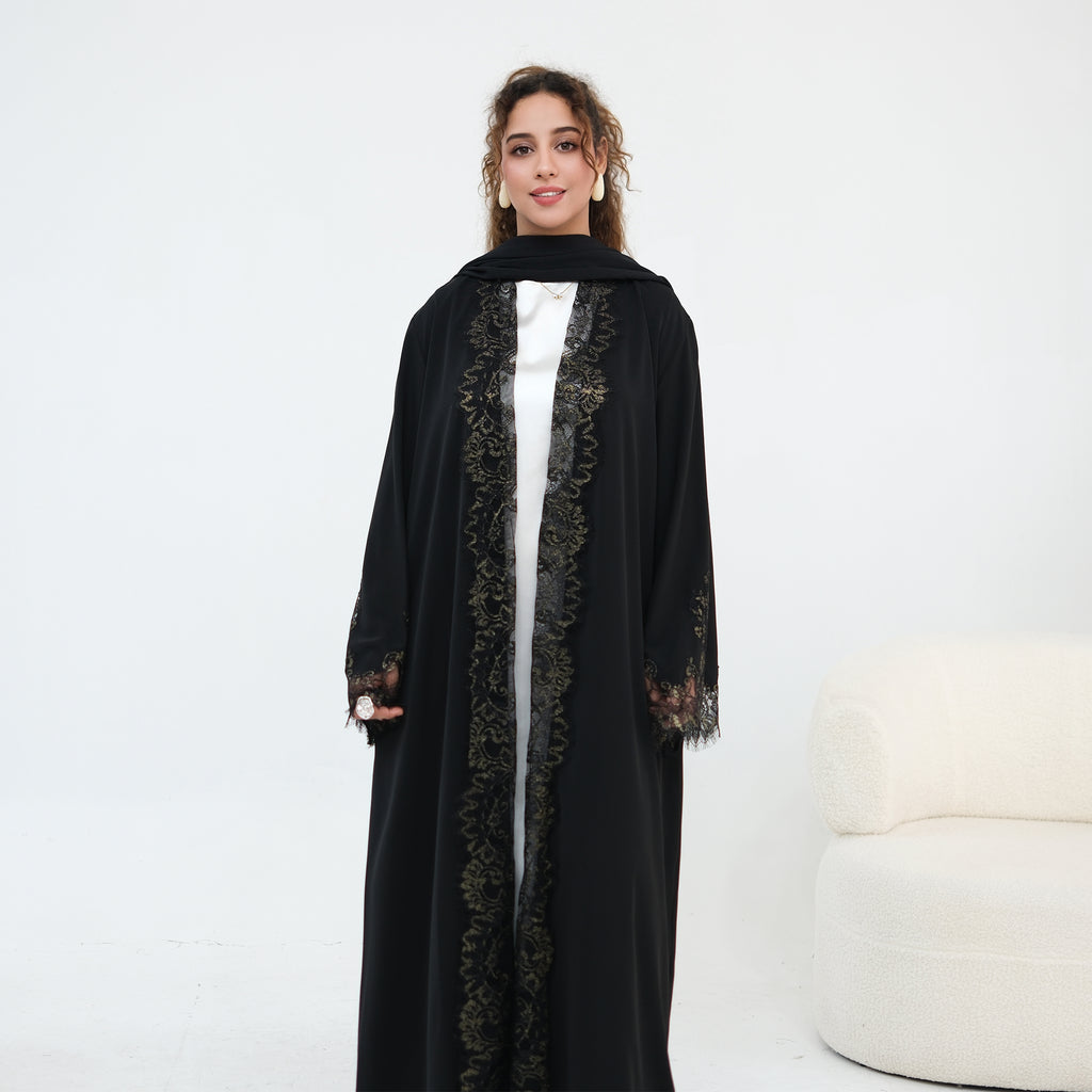 Dubai Lace Trim Wide Sleeves Open Front Abaya