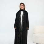 Dubai Lace Trim Wide Sleeves Open Front Abaya