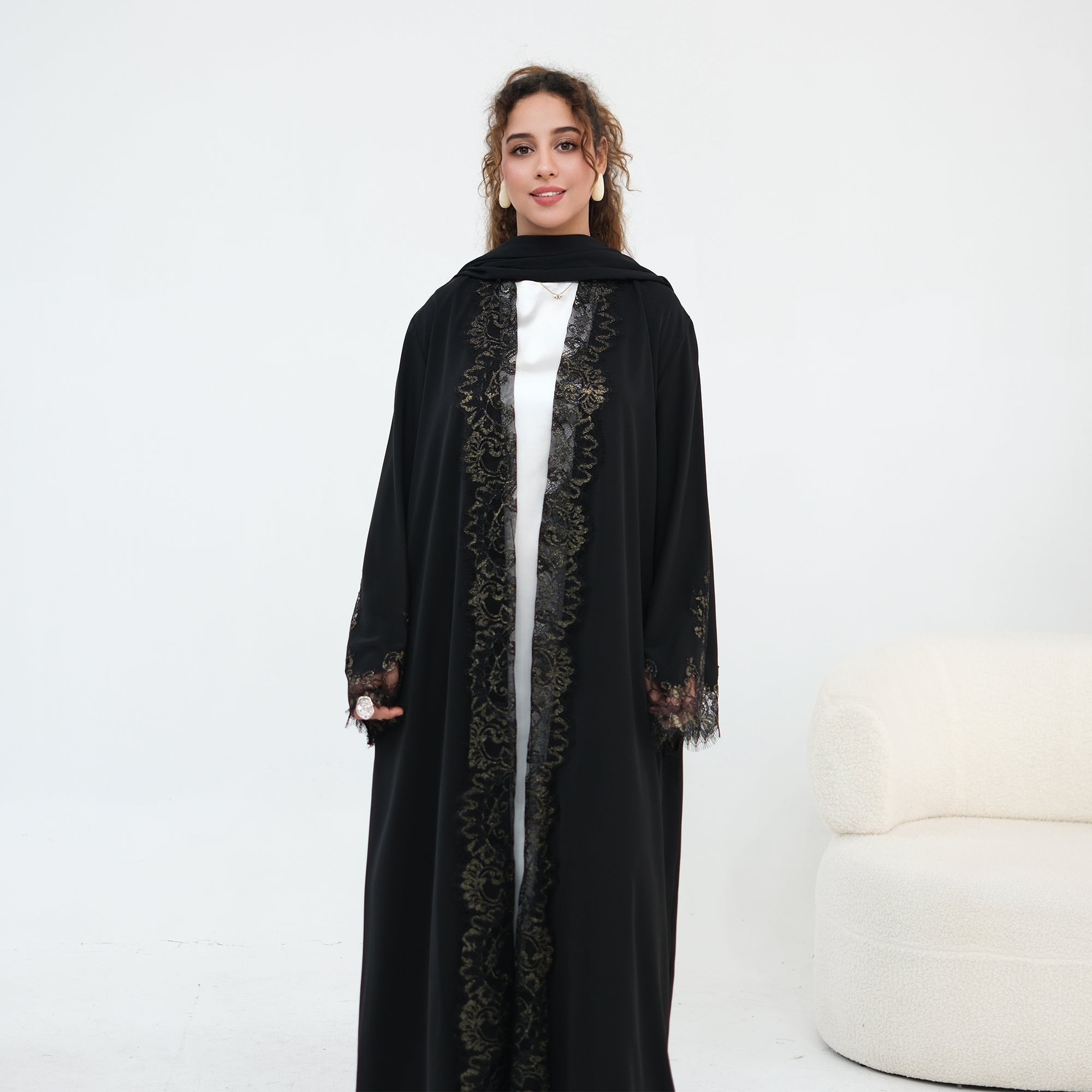 Dubai Lace Trim Wide Sleeves Open Front Abaya