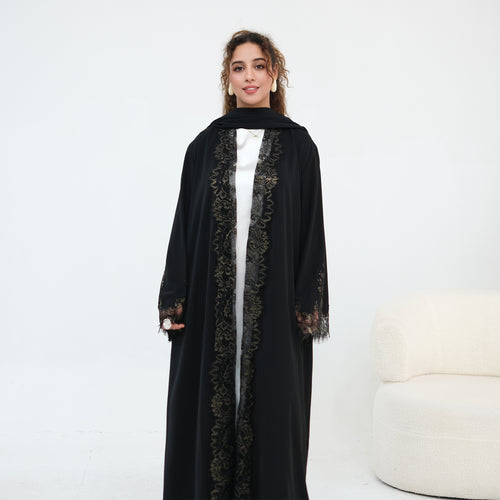 Dubai Lace Trim Wide Sleeves Open Front Abaya
