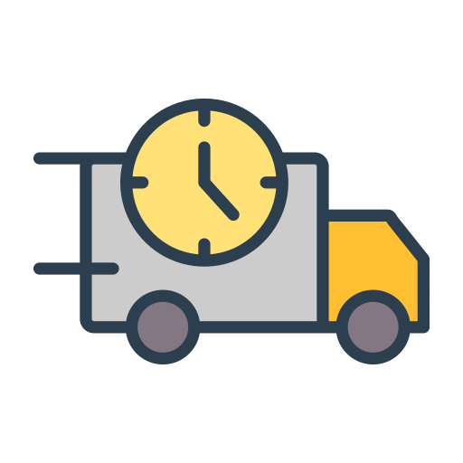 A flat vector icon of a delivery truck with a large clock graphic on the cargo area, shown on a plain white background.