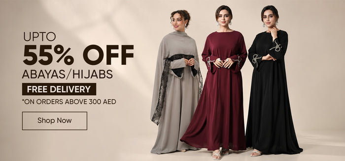Three women wearing abayas with promotional text on a beige background
