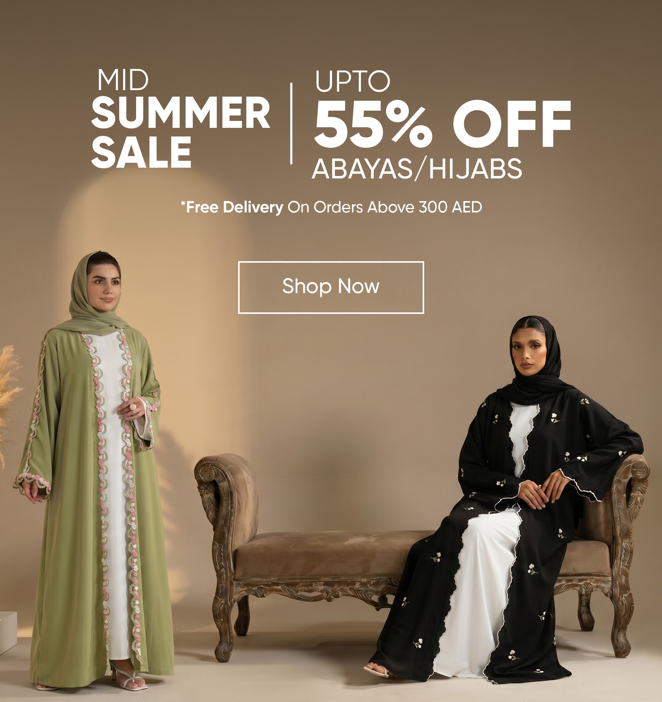Two women wearing abayas with promotional text for a mid summer sale on abayas/hijabs.