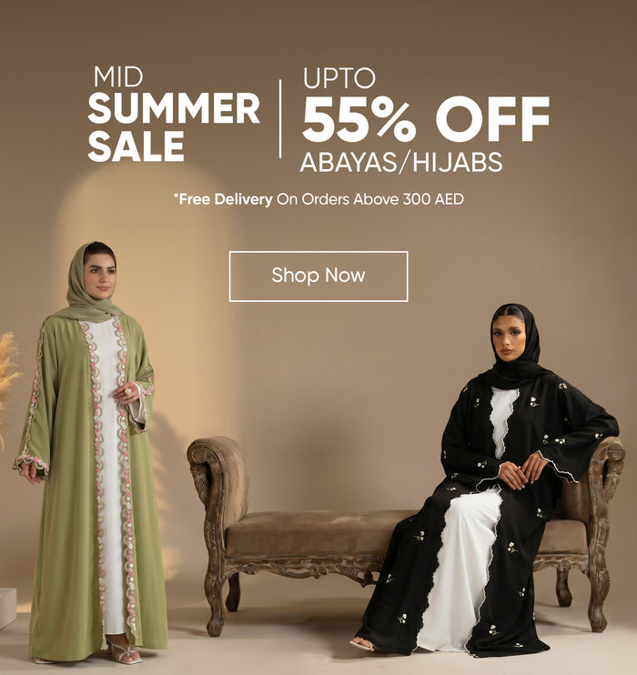 Two women wearing abayas with promotional text for a mid summer sale on abayas/hijabs.
