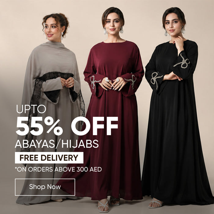 Three women wearing abayas with promotional text on a beige background