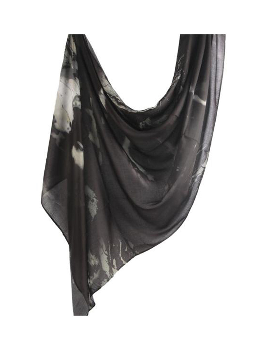 A lightweight black scarf with a gray and white abstract watercolor pattern, draped elegantly against a plain white background.