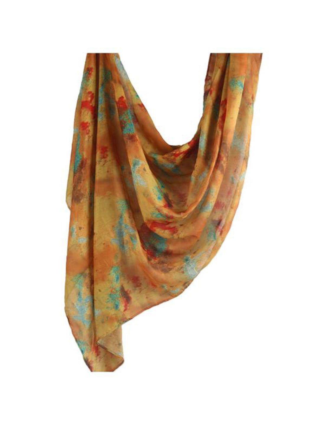 A lightweight, semi-sheer scarf with an abstract watercolor-like print in shades of mustard yellow, orange, teal blue, and red, draped against a plain white background.