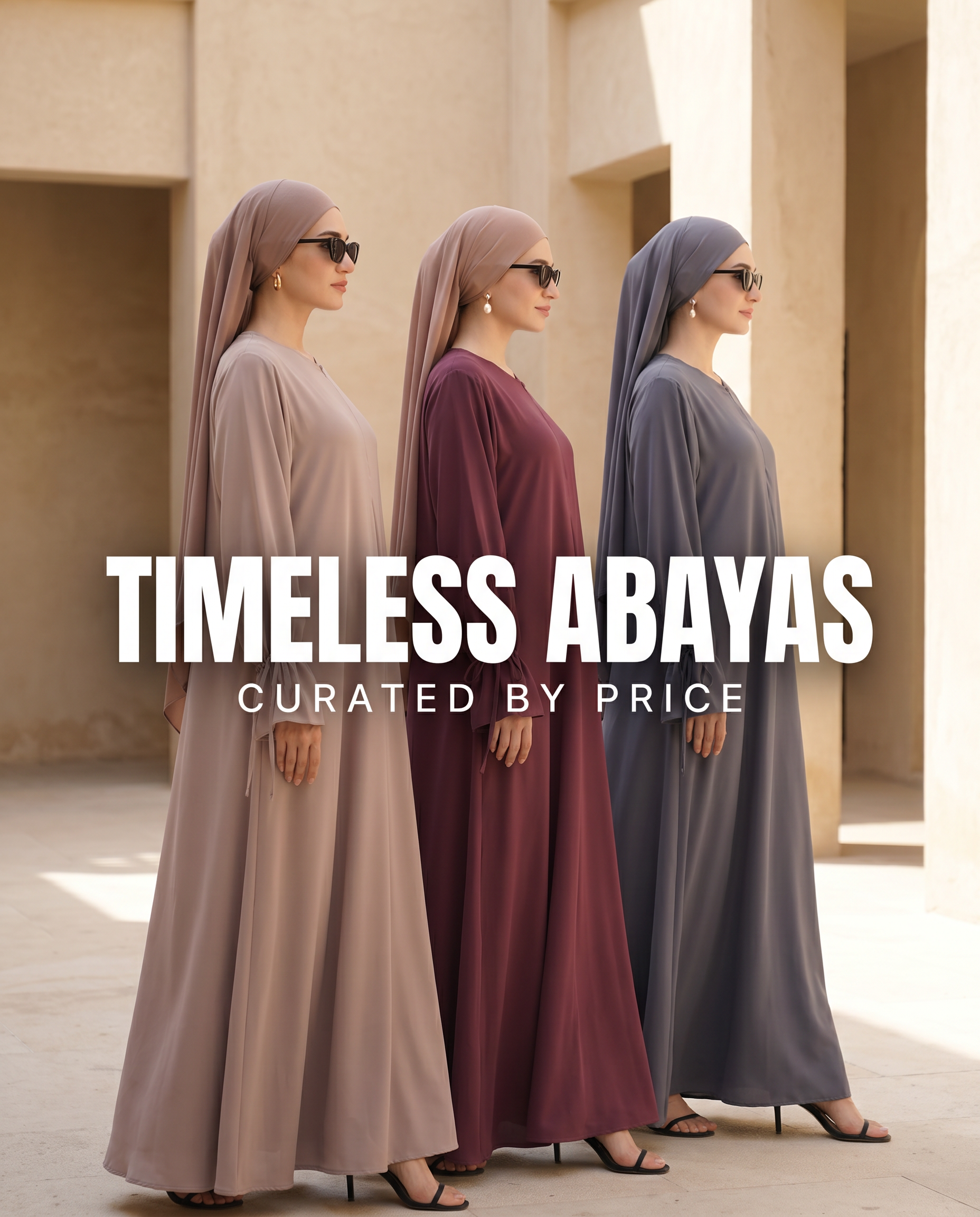 Three women wearing long abayas in beige, burgundy, and slate gray, standing in profile in a sunlit architectural setting. Large white text across the center reads 'TIMELESS ABAYAS' with smaller text 'CURATED BY PRICE'.