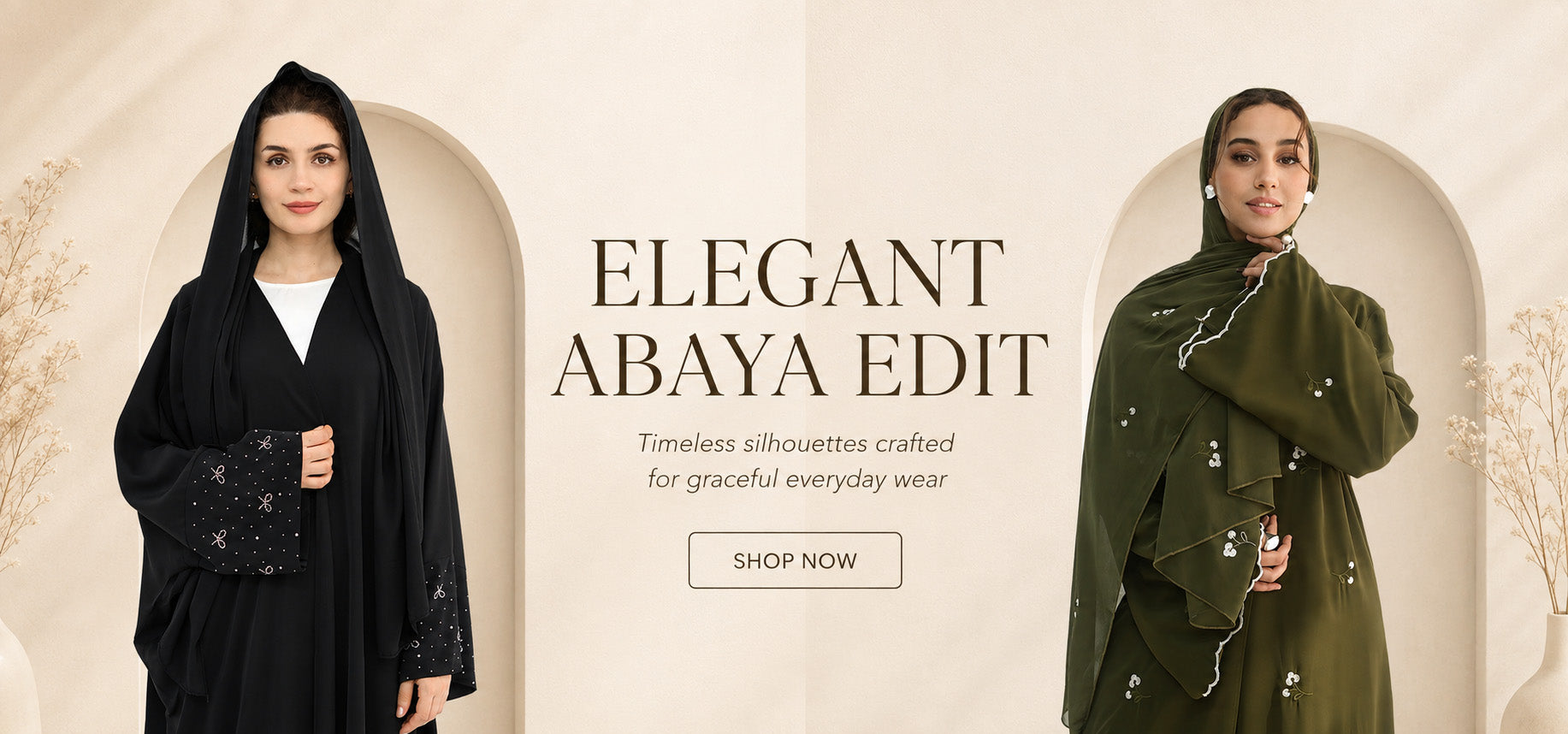 A promotional banner for an 'Elegant Abaya Edit' featuring two models. On the left, a model wears a black abaya with a matching black hijab and a white inner top.
