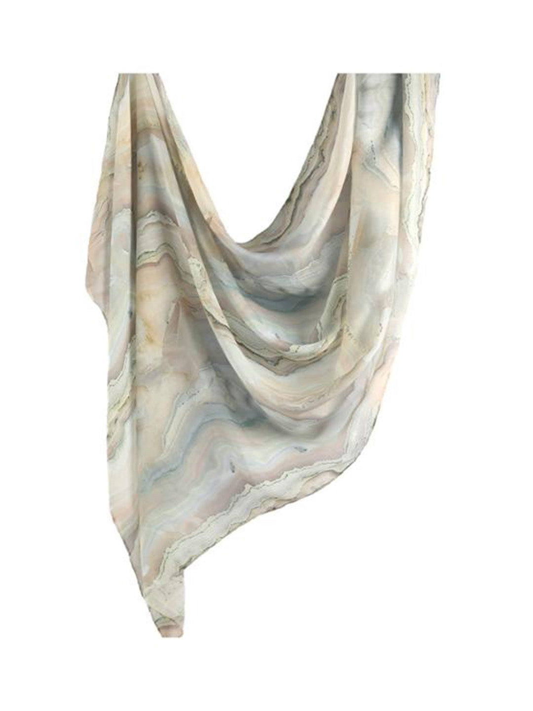 A lightweight draped scarf with a marbled stone pattern in soft beige, gray, and muted blue tones, shown against a plain white background.