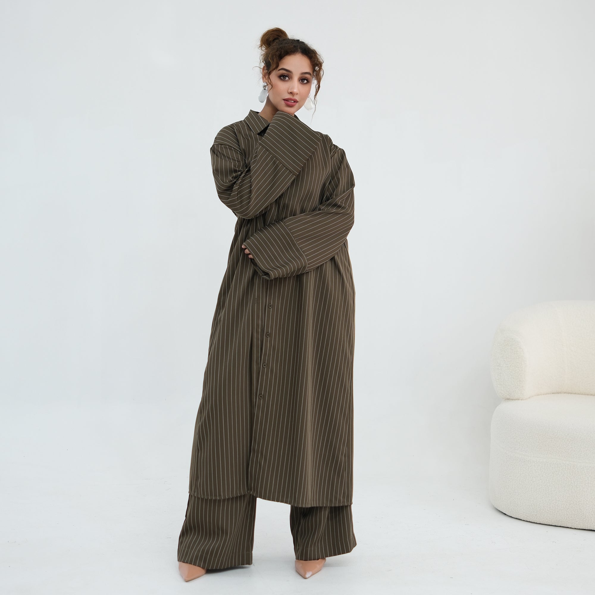 Striped Co-Ord Set – Lapel Buttoned Top & Wide-Leg Pants
