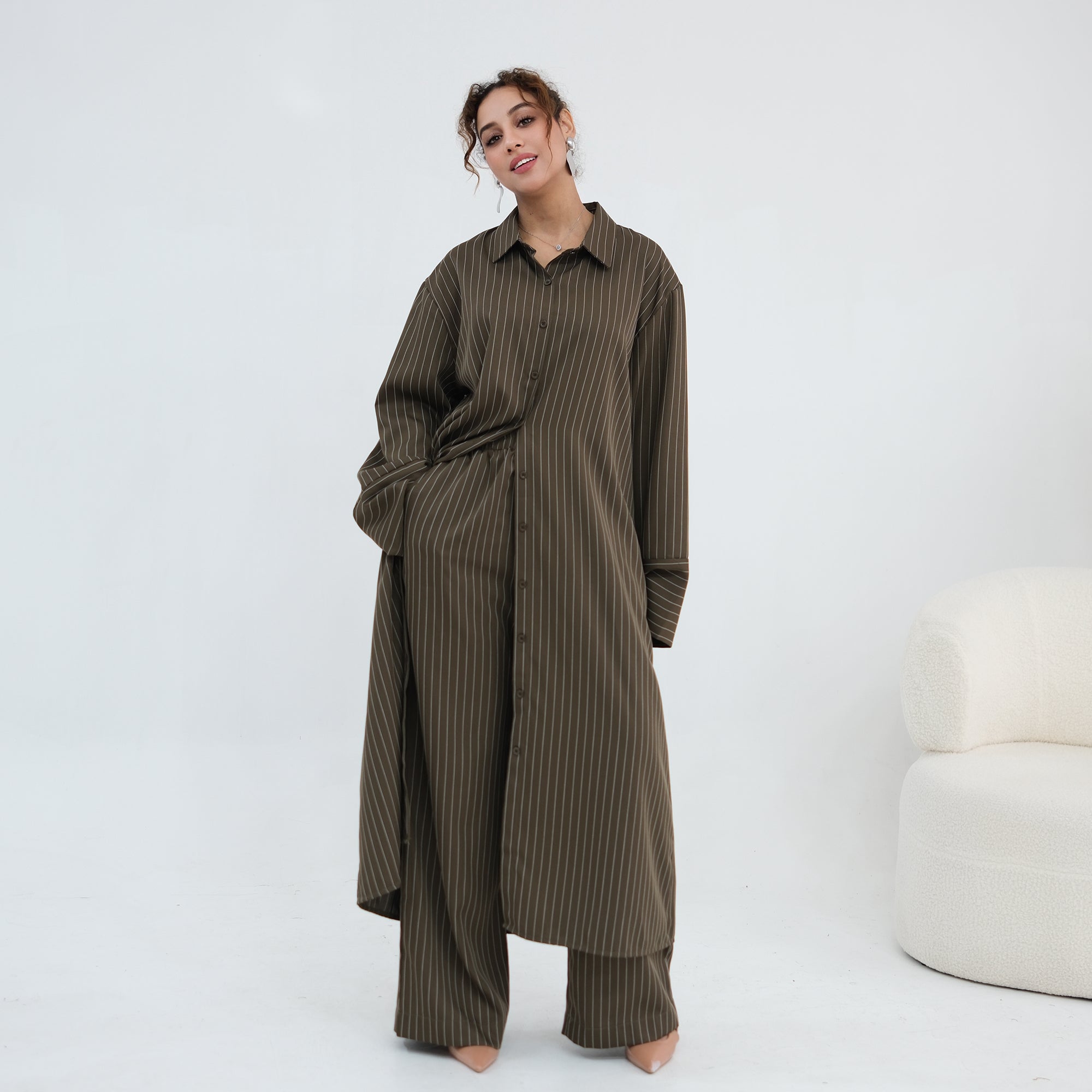 Striped Co-Ord Set – Lapel Buttoned Top & Wide-Leg Pants