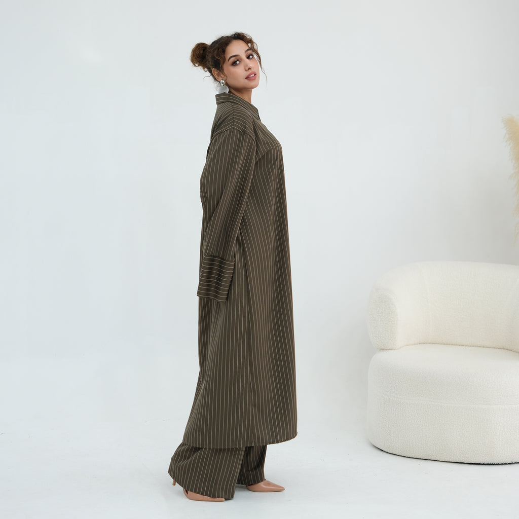 Striped Co-Ord Set – Lapel Buttoned Top & Wide-Leg Pants
