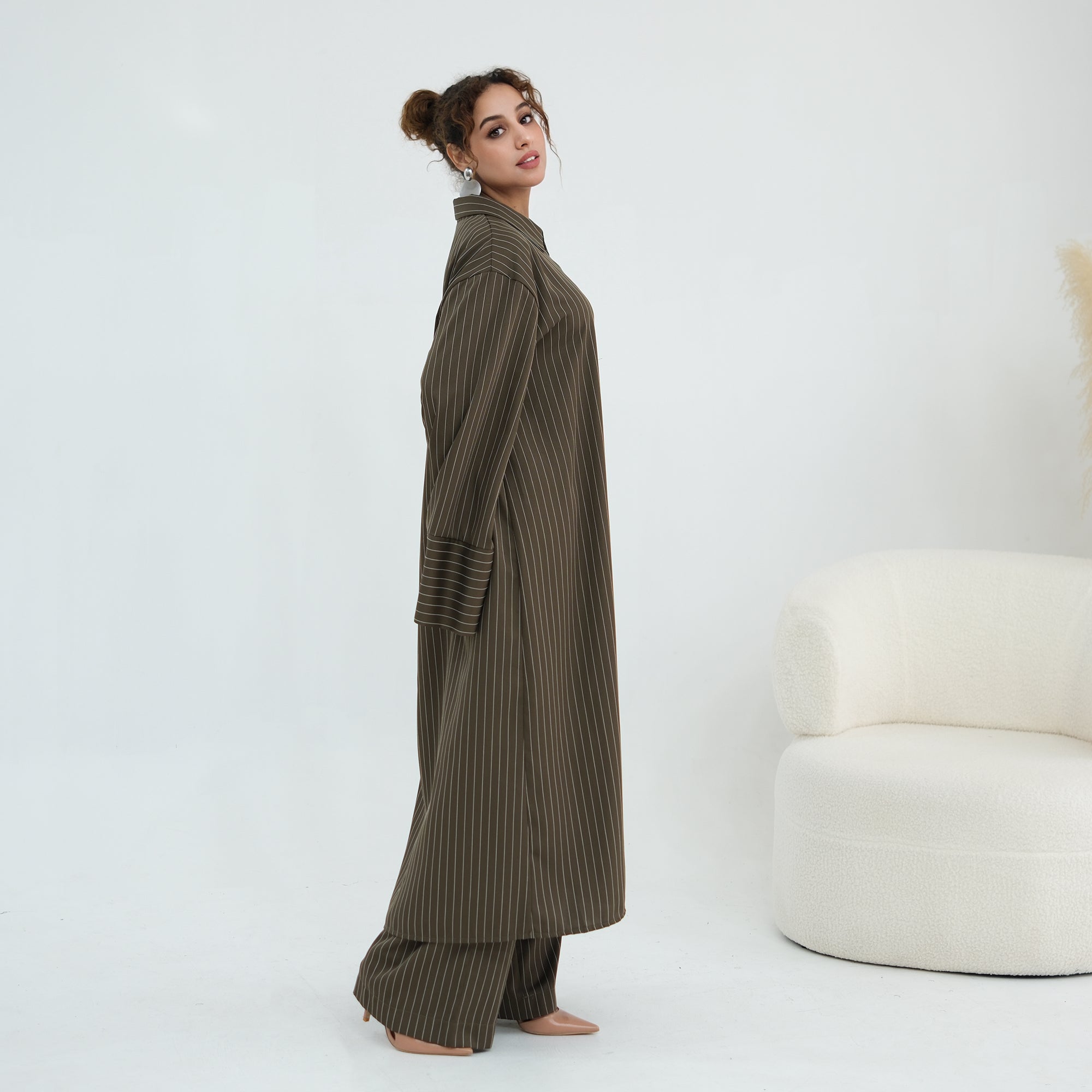 Striped Co-Ord Set – Lapel Buttoned Top & Wide-Leg Pants